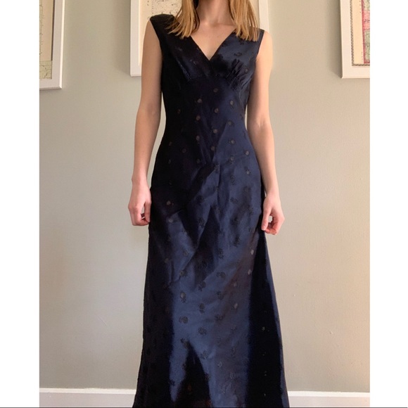 Vintage Dark Blue Floral Long Satin Nightgown - Picture 6 of 8
